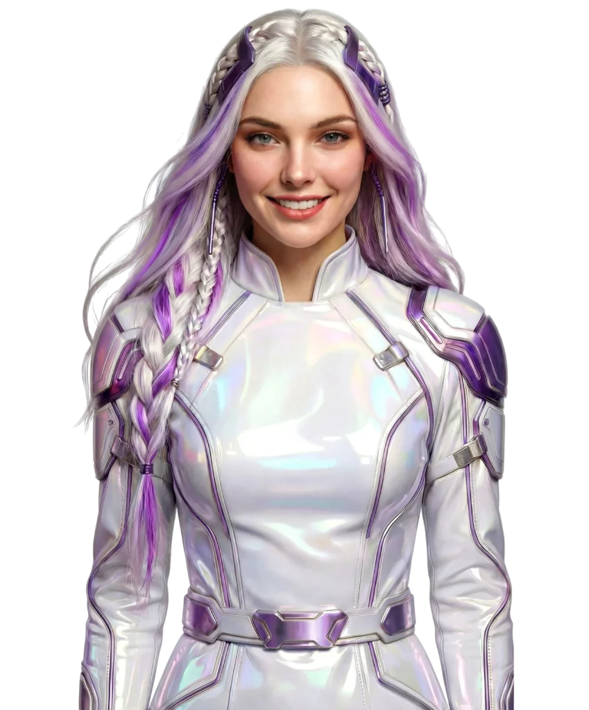 ZechionAI Model featuring a woman with striking purple hair and sleek white armor
