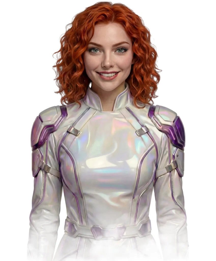 ZechionAI Model with red hair wearing a purple outfit, showcasing a confident pose against a neutral background