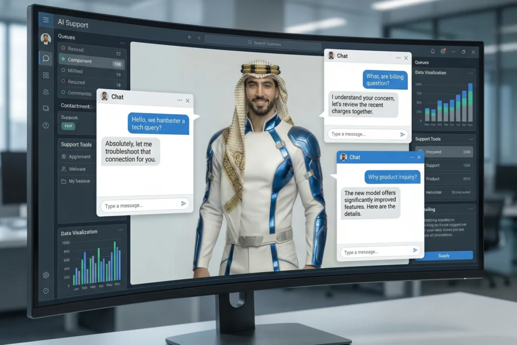 Monitor shows a man in a suit, representing AI assistance designed to feel more human than robotic