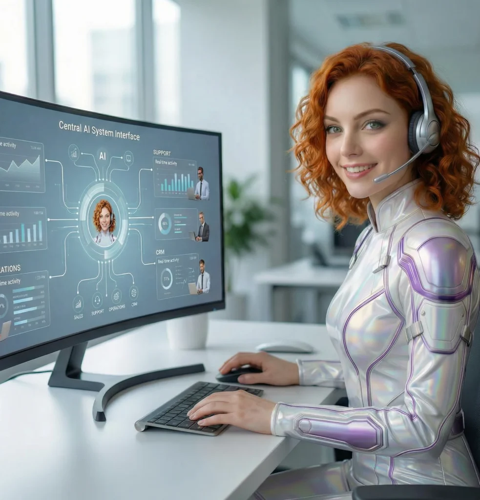Woman in a robot suit sits at a desk, working on a computer screen, emphasizing department-level scalability