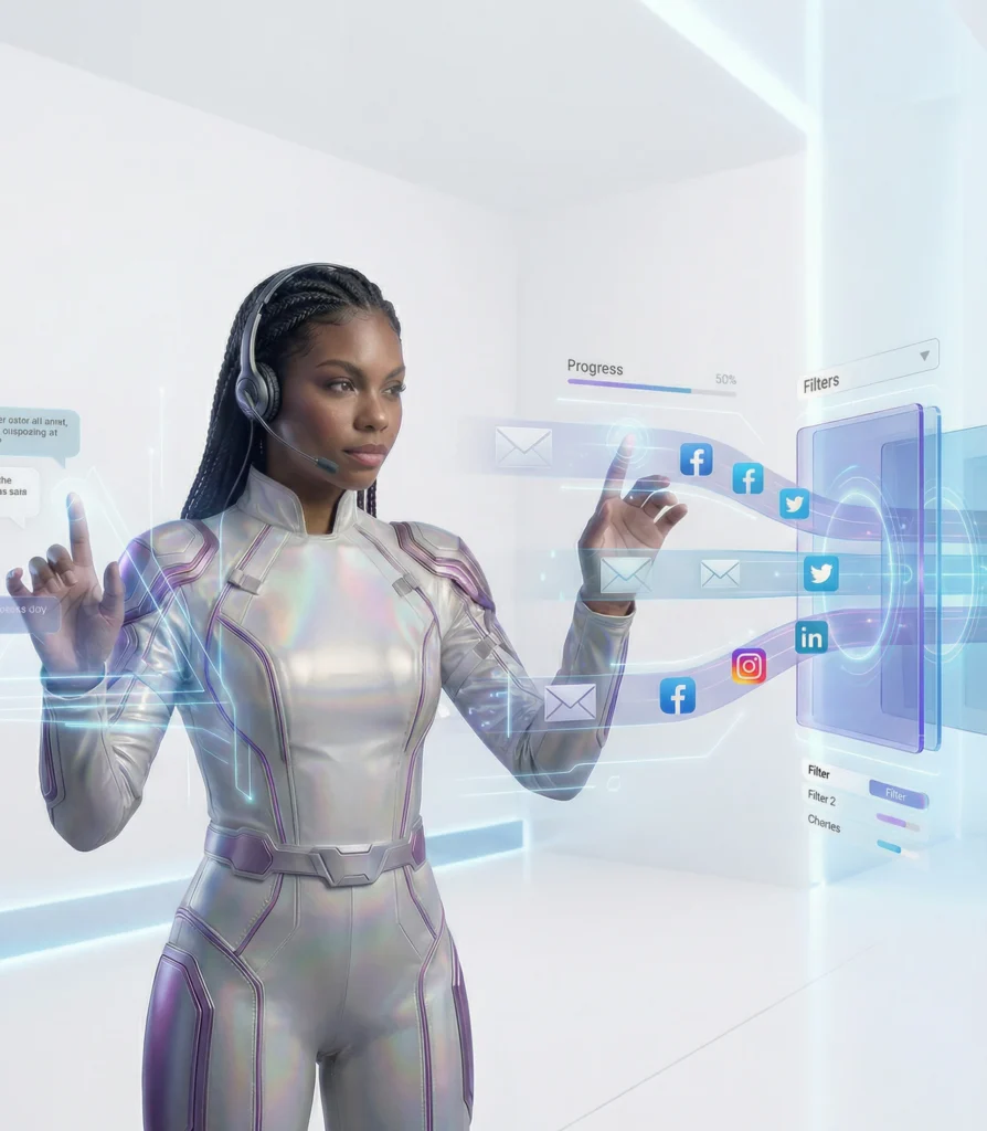 Woman in a sleek futuristic suit holds a phone, symbolizing advanced AI infrastructure and data-driven technology