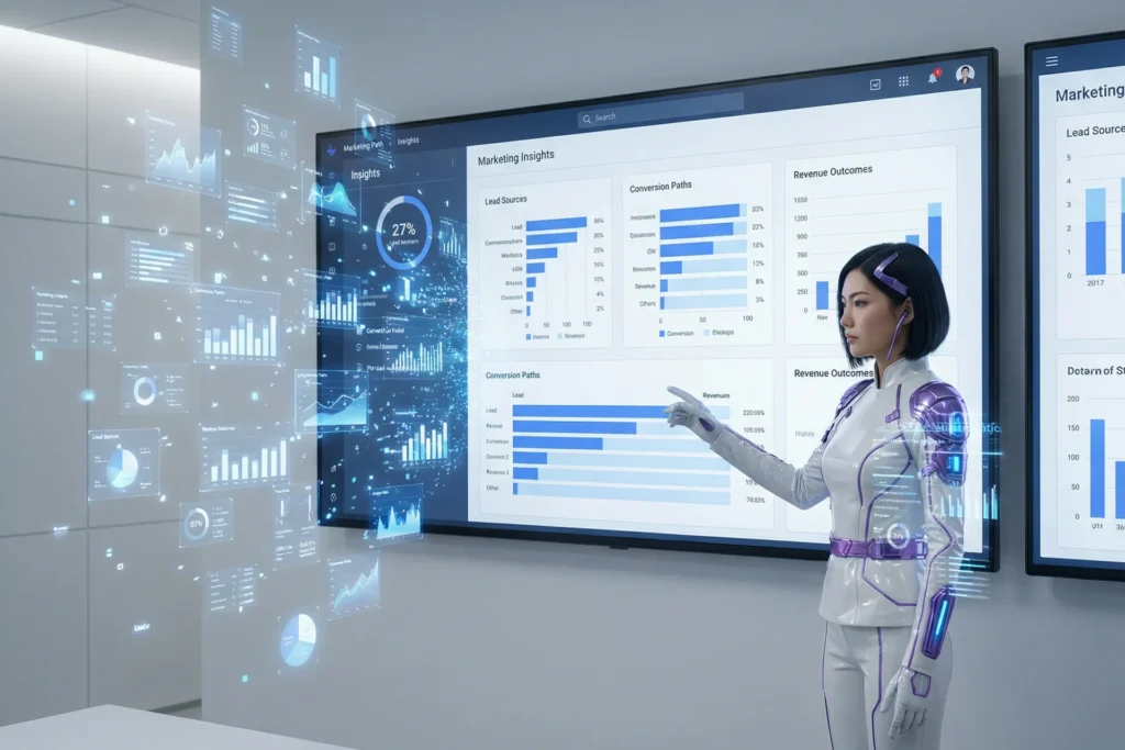 Woman in a white suit points at a screen displaying Turn Your Marketing Into a Measurable Revenue Engine