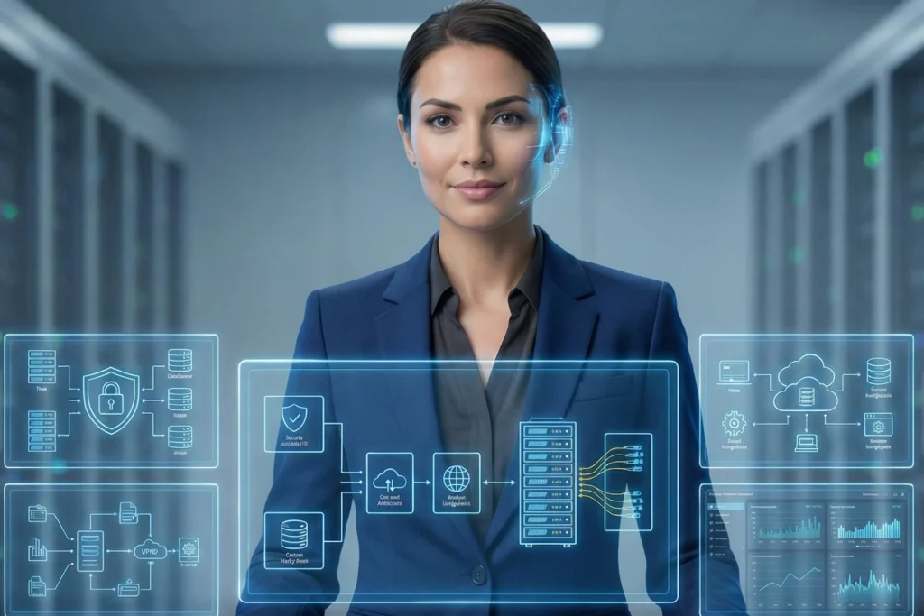 A woman dressed in a suit holds a virtual interface, depicting the four phases from Audit to Live System