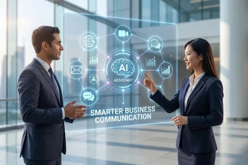 Business professionals collaborating in a modern office, showcasing smart communication with an AI assistant online concept