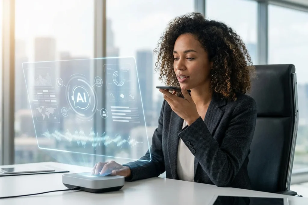 Businesswoman in a suit interacts with a tablet, highlighting the best AI voice assistant for effective communication