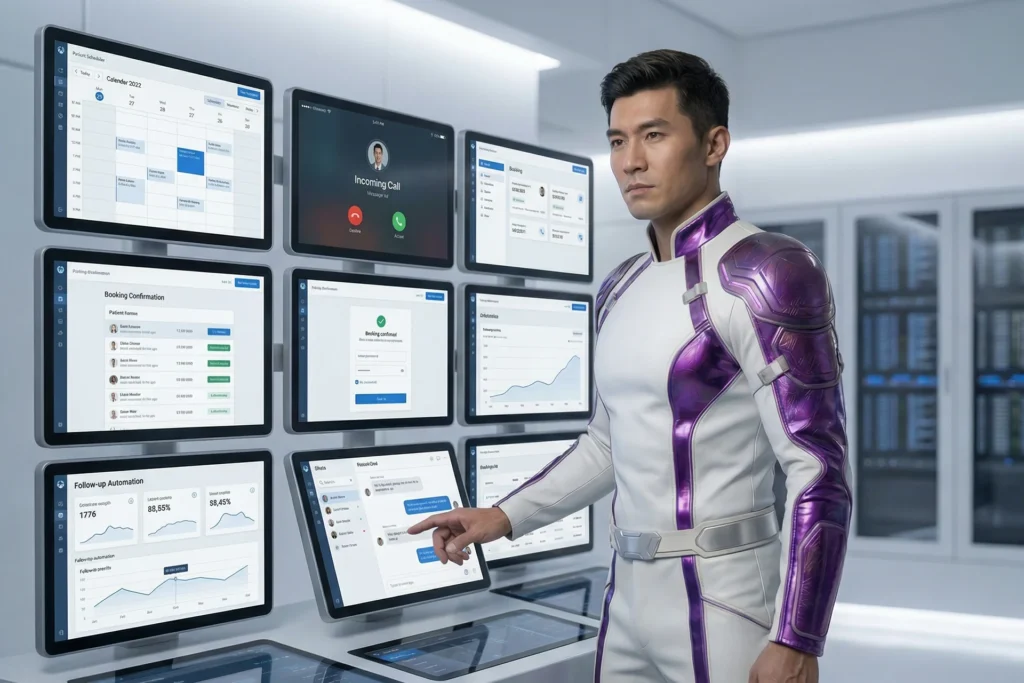 Man dressed in a purple suit stands in front of several monitors, highlighting 24:7 automated appointment workflows