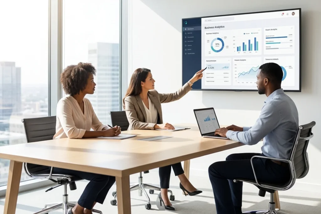 Several individuals seated at a table with a laptop, engaged in a discussion about an AI assistant online initiative