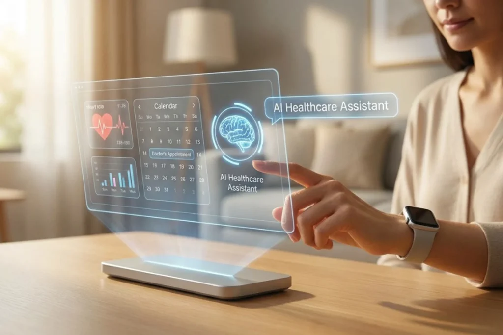 Visual guide on creating user-friendly healthcare apps, highlighting AI's role in smart digital assistance and support