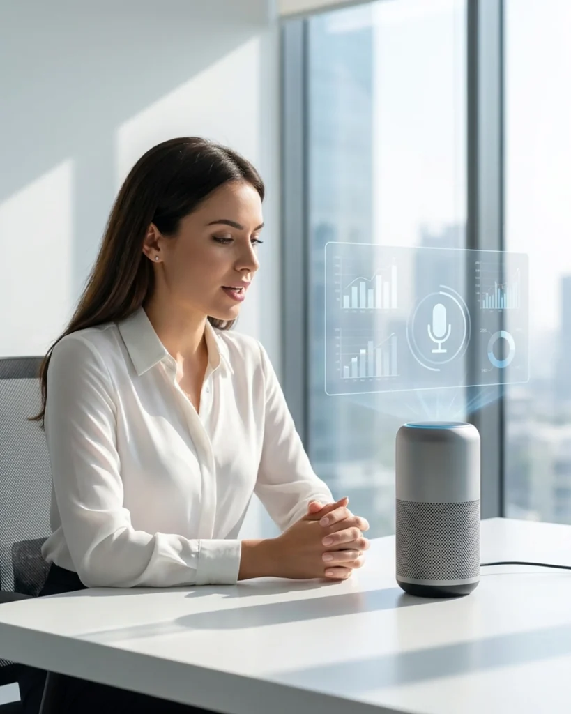 Woman at a table with a smart speaker, highlighting the features of the best AI voice assistant in use