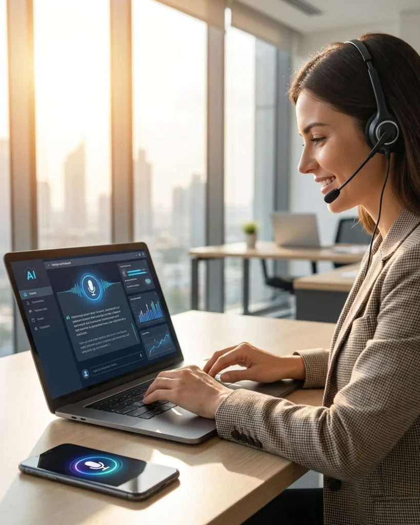 Woman with a headset working on a laptop, illustrating the use of AI-powered assistants in business settings