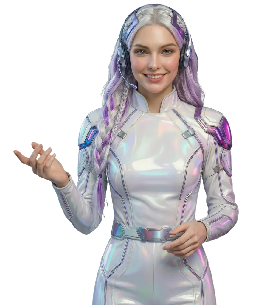 Woman with purple hair in a sleek, futuristic outfit, embodying innovation and modernity in a professional setting