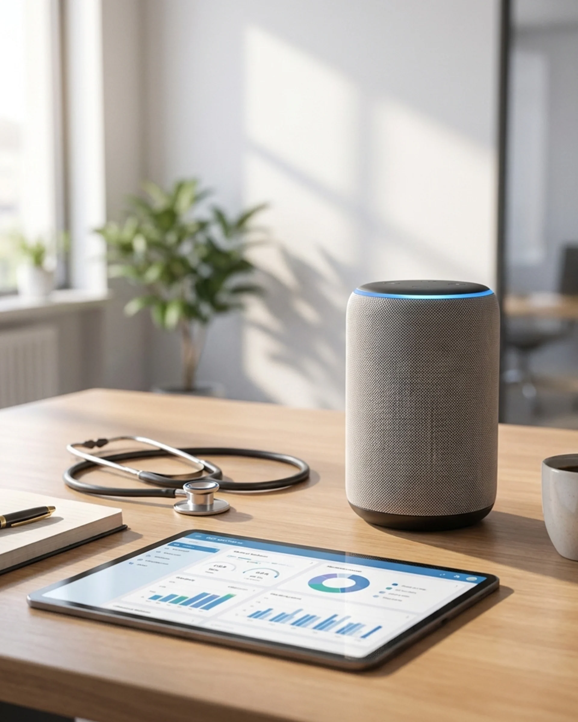 Amazon Echo Dot, tablet, and stethoscope on a desk, illustrating a voice AI assistant for healthcare use