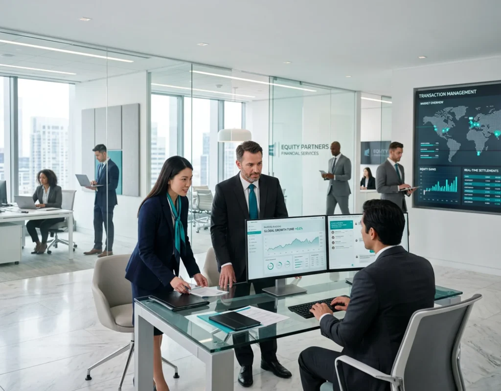 Group of business individuals in an office, strategizing on AI applications for enhancing financial services