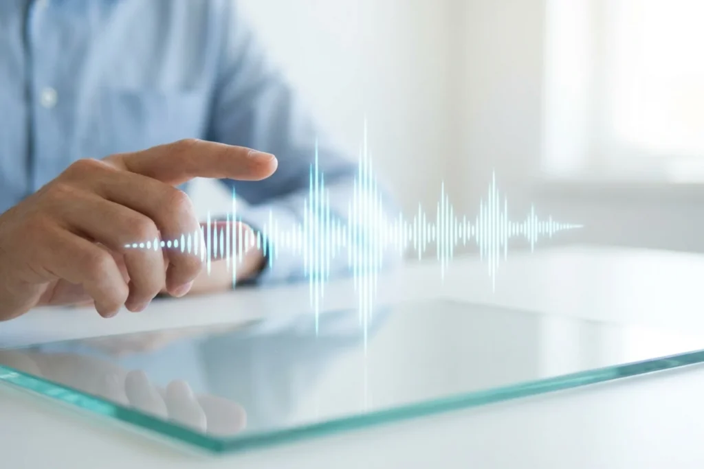 Man touches a tablet with sound waves, illustrating the functionality of an AI-powered voice assistant