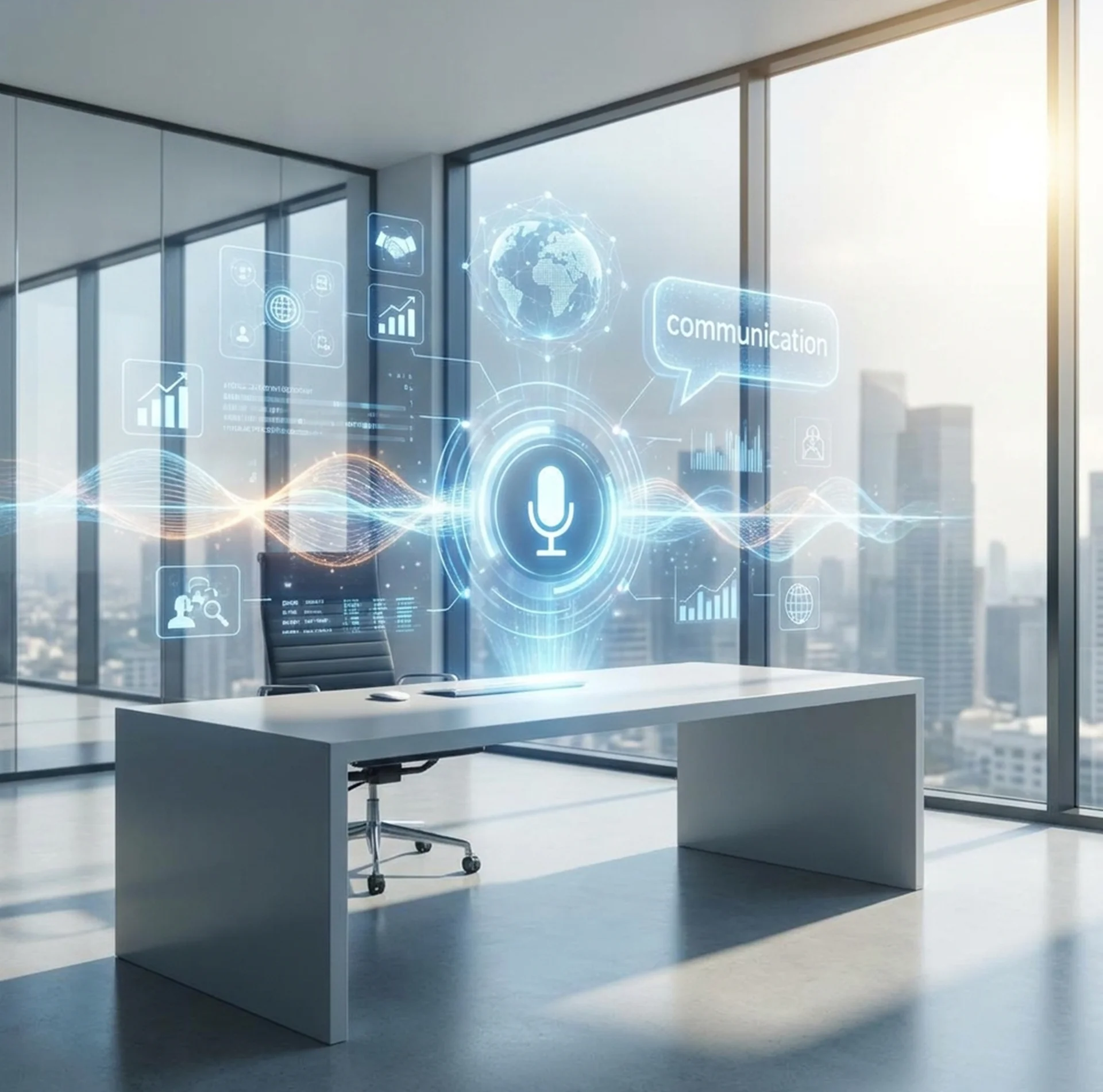 Modern office featuring a desk, window, and futuristic icons, including an AI-powered voice assistant