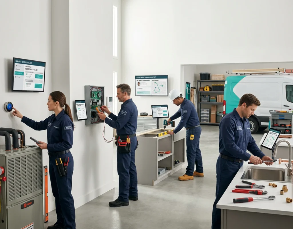 People working together in an office setting, using a computer to develop AI solutions for home services and tradies