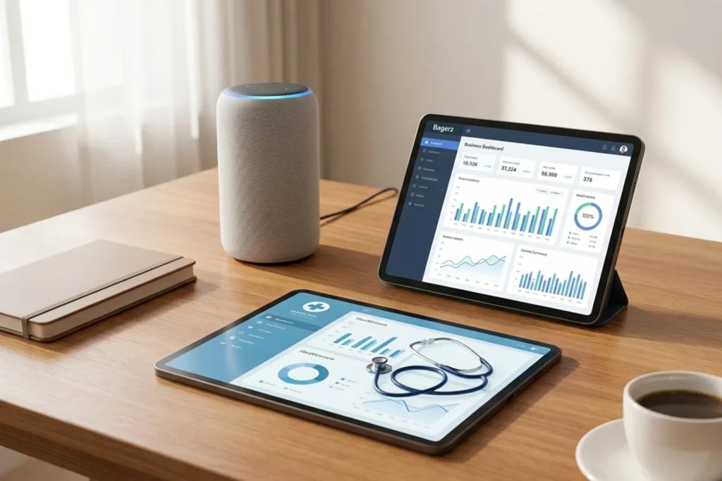 Tablet and laptop alongside a stethoscope on a table, illustrating the use of voice AI assistants in healthcare