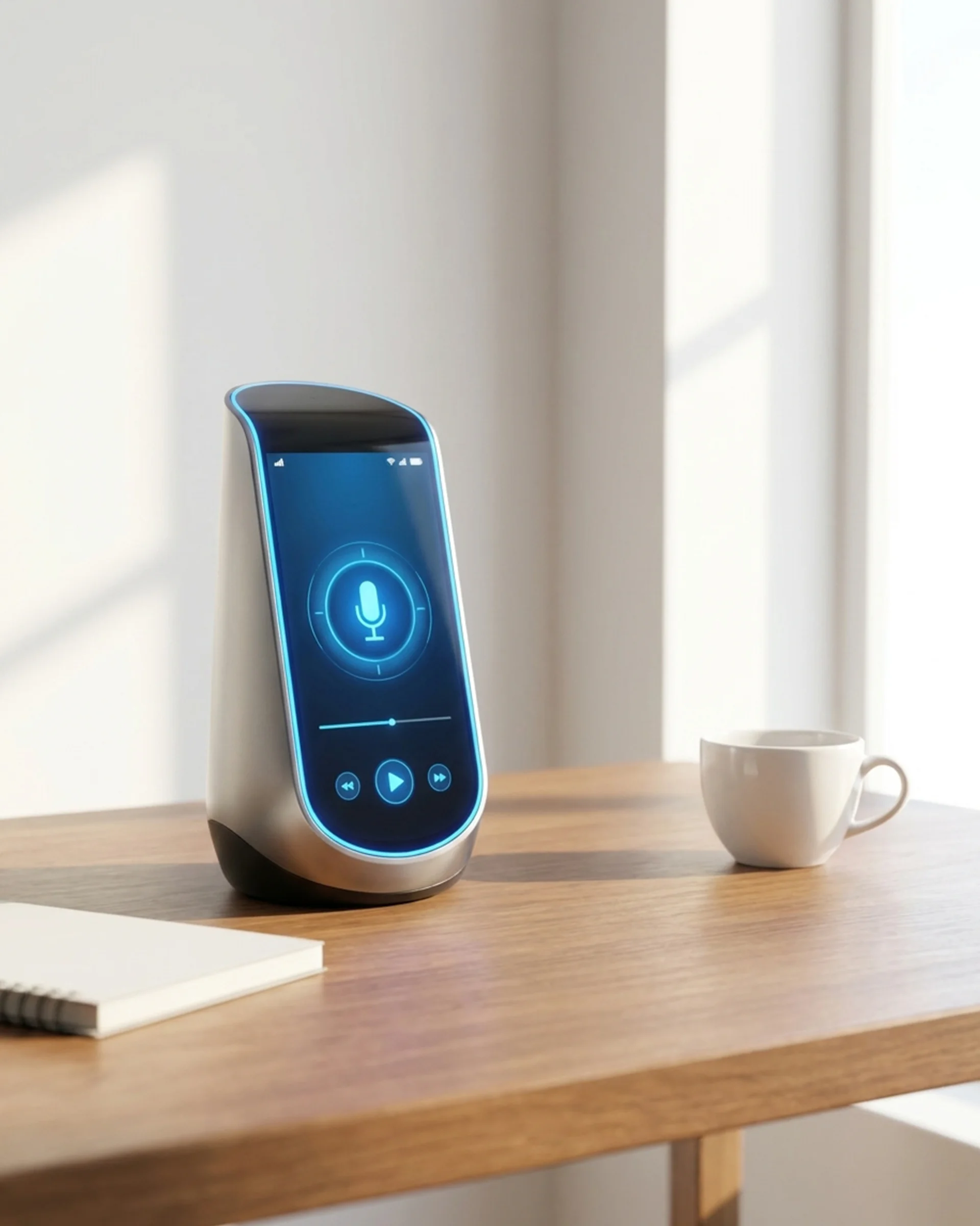 Voice AI assistant sits on a wooden table next to a steaming cup of coffee, creating a modern, inviting workspace