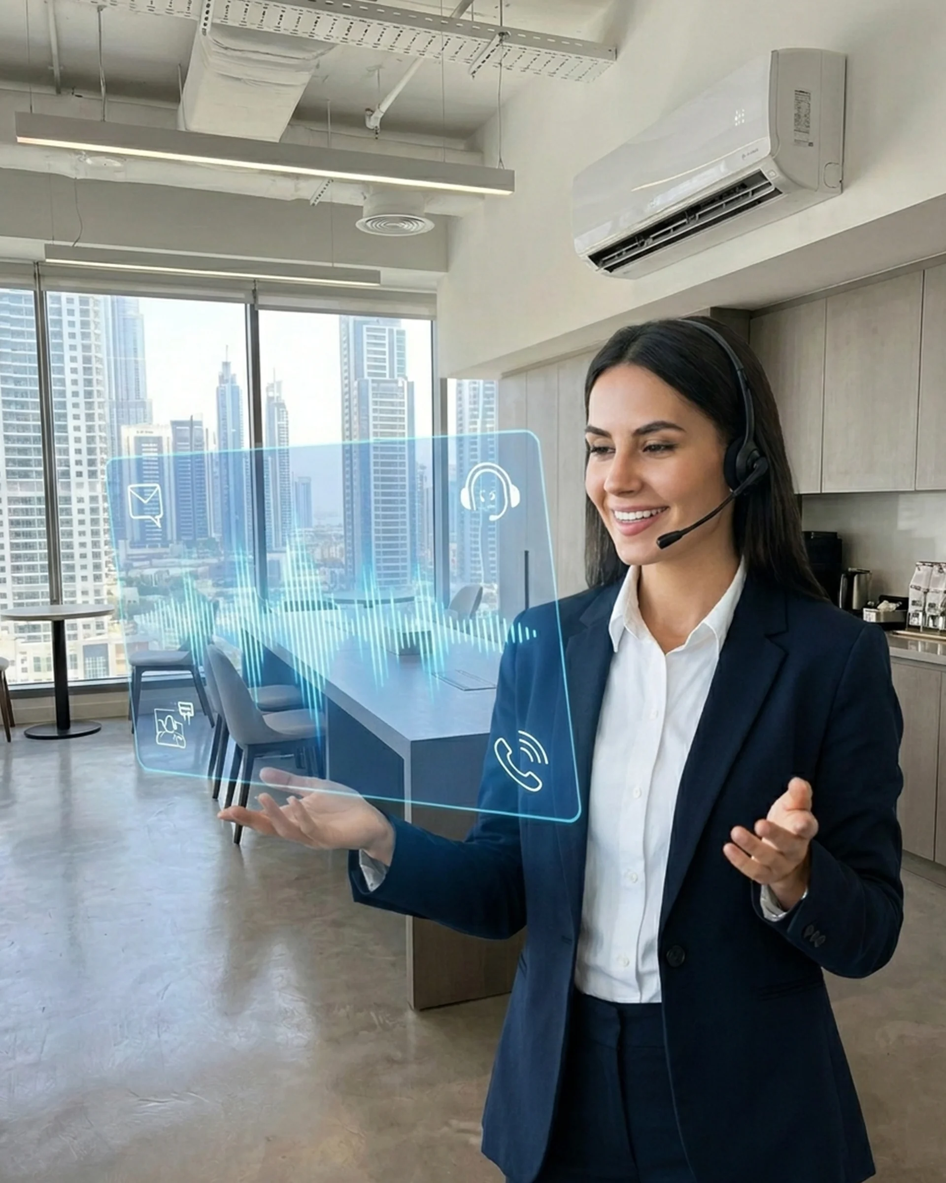 Woman in a business suit interacts with a virtual interface powered by an AI voice assistant