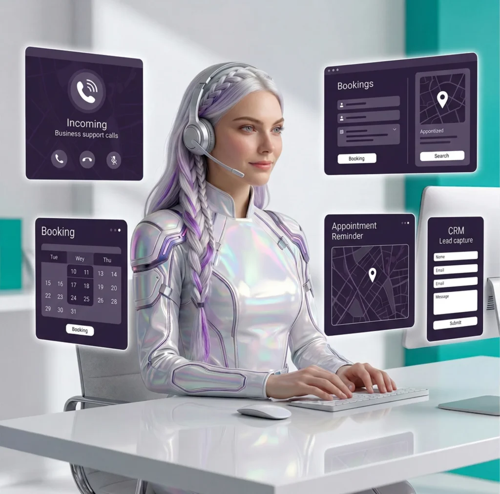 Woman in a sleek, futuristic outfit is seated at a desk with a computer and phone, demonstrating AI call management