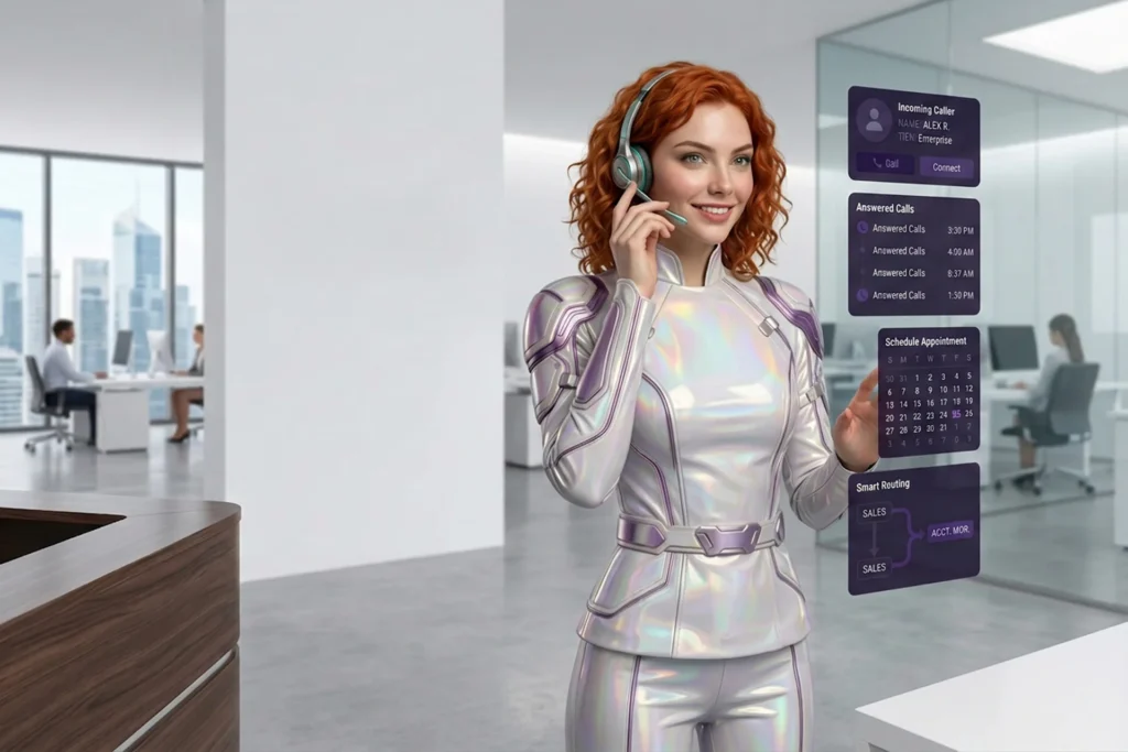 Woman in a sleek, futuristic outfit talks on a phone, illustrating the concept of a 24:7 AI receptionist