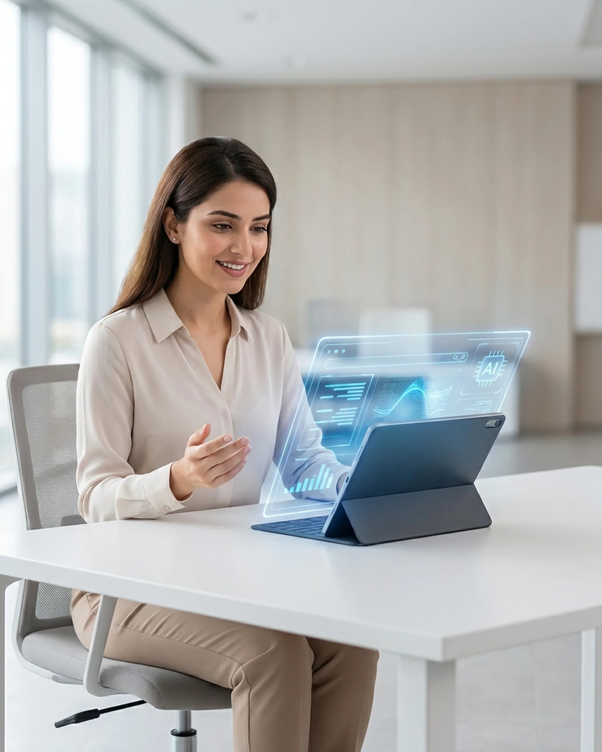 Woman in an office uses a tablet computer with an AI-powered assistant for work tasks