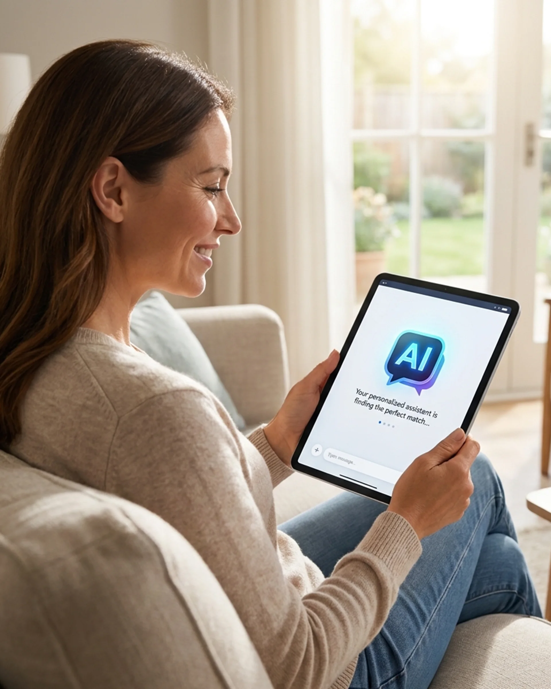 Woman interacts with an iPad, utilizing the QNX app that includes an AI-powered assistant for user support