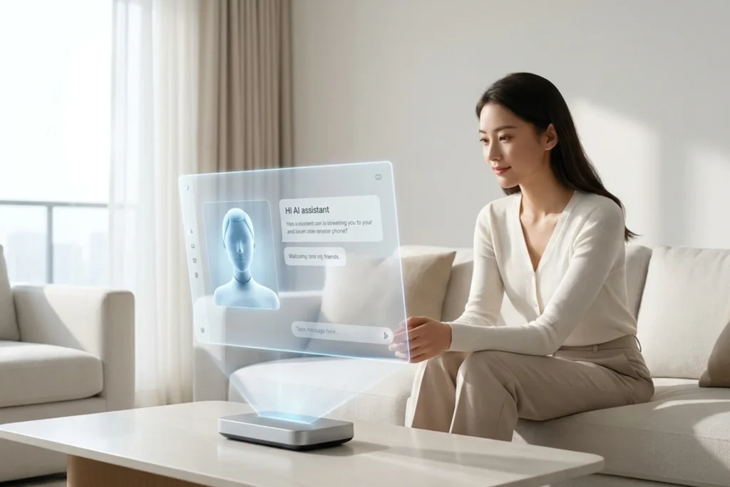 Woman sits on a couch, engaged with an AI-powered assistant experience