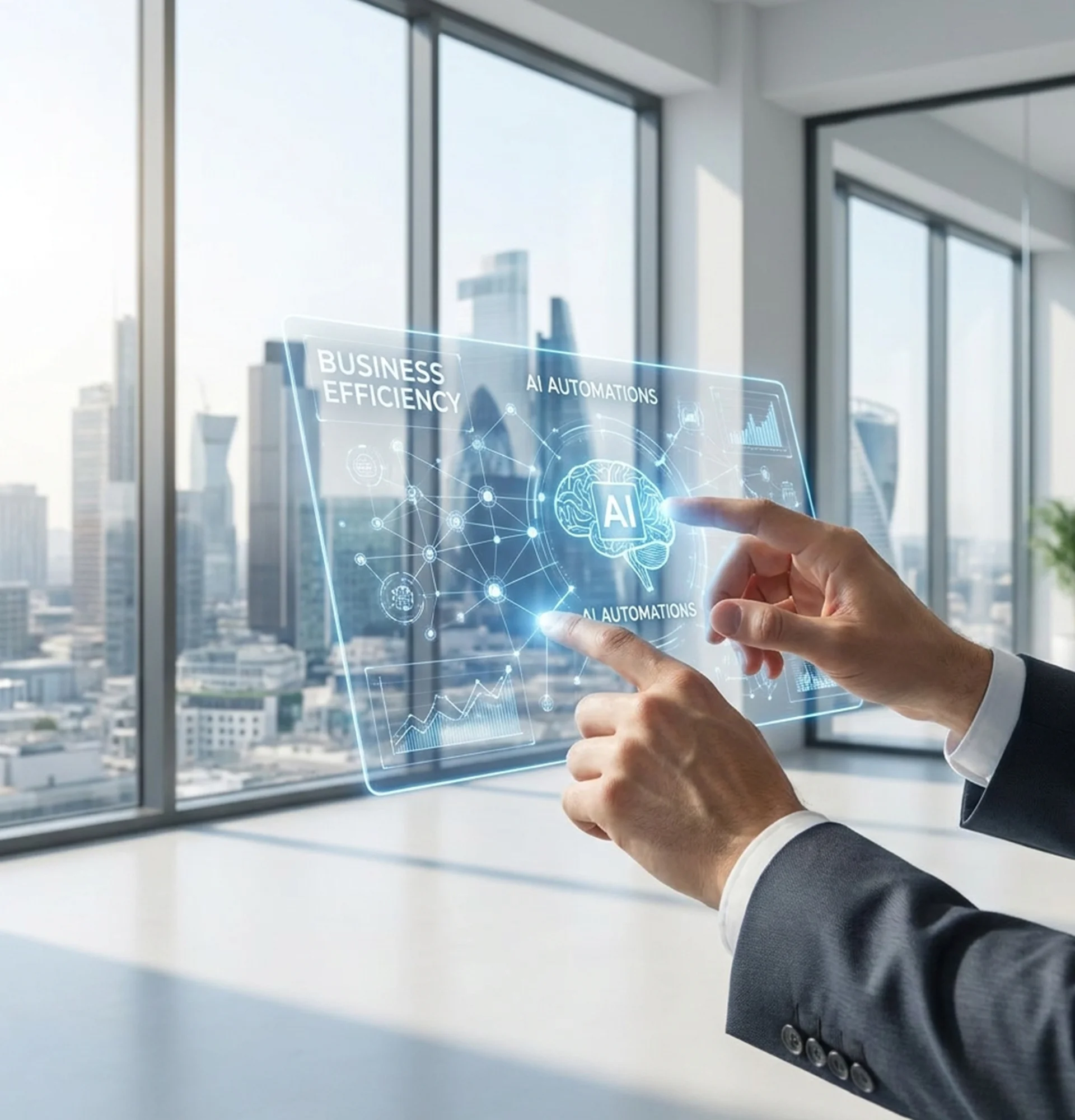 Businessman utilizing cutting-edge AI automation tools in a sleek office environment, highlighting the future of work