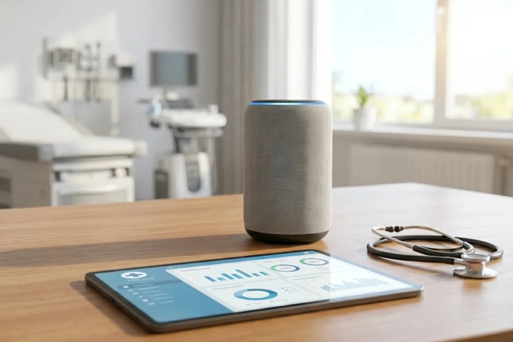 Hospital table featuring an Amazon Echo Dot and tablet, highlighting the role of healthcare voice AI in operations