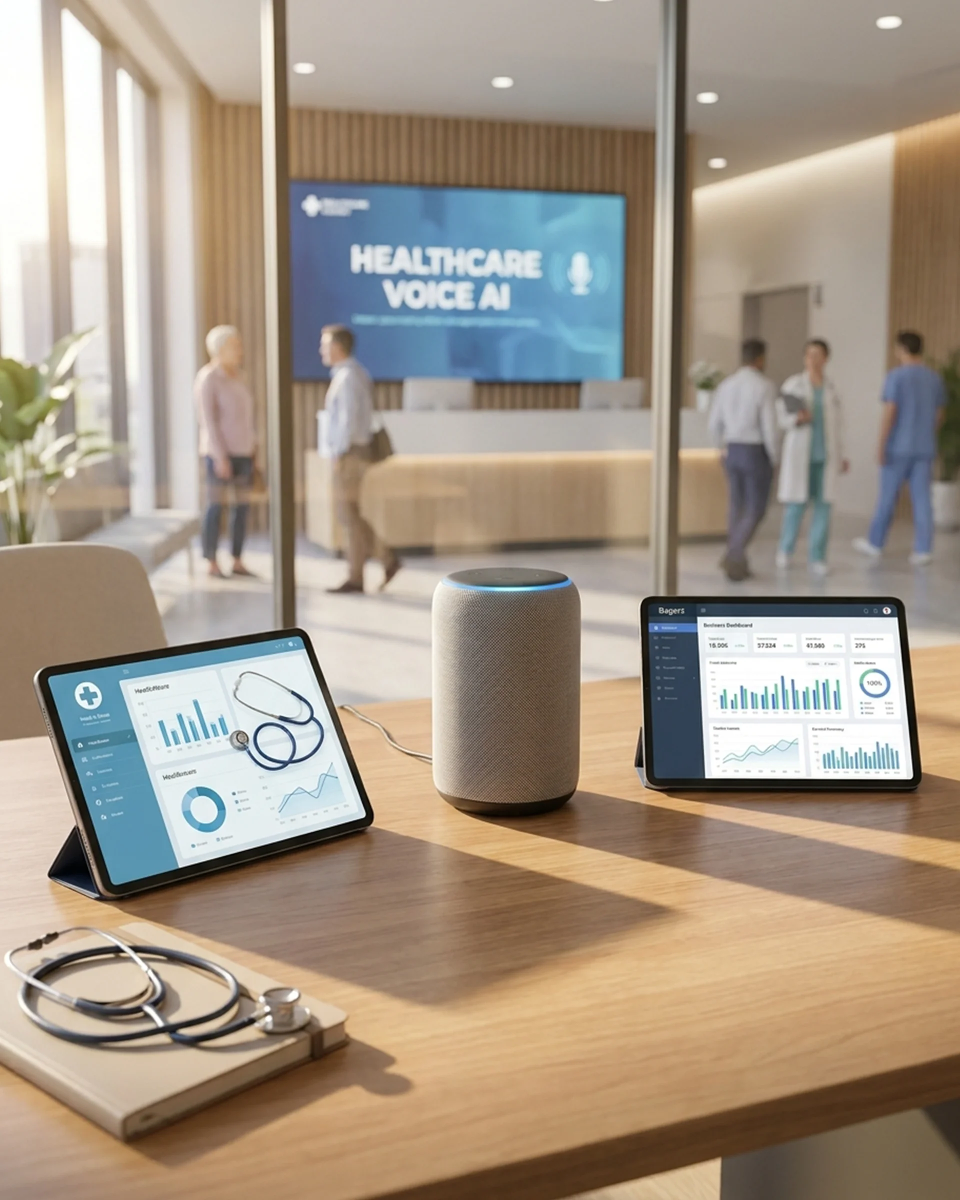 Tablet and laptop on a table, with a large screen behind them, highlighting the role of AI in healthcare