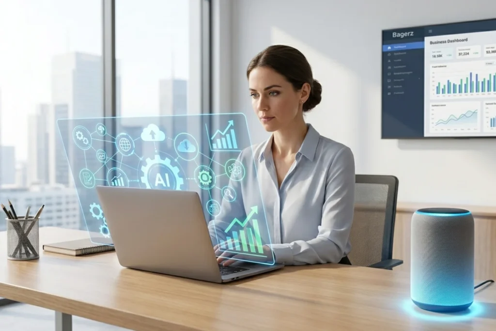 Woman at a desk using a laptop with an Alexa device, illustrating AI automations for modern business operations
