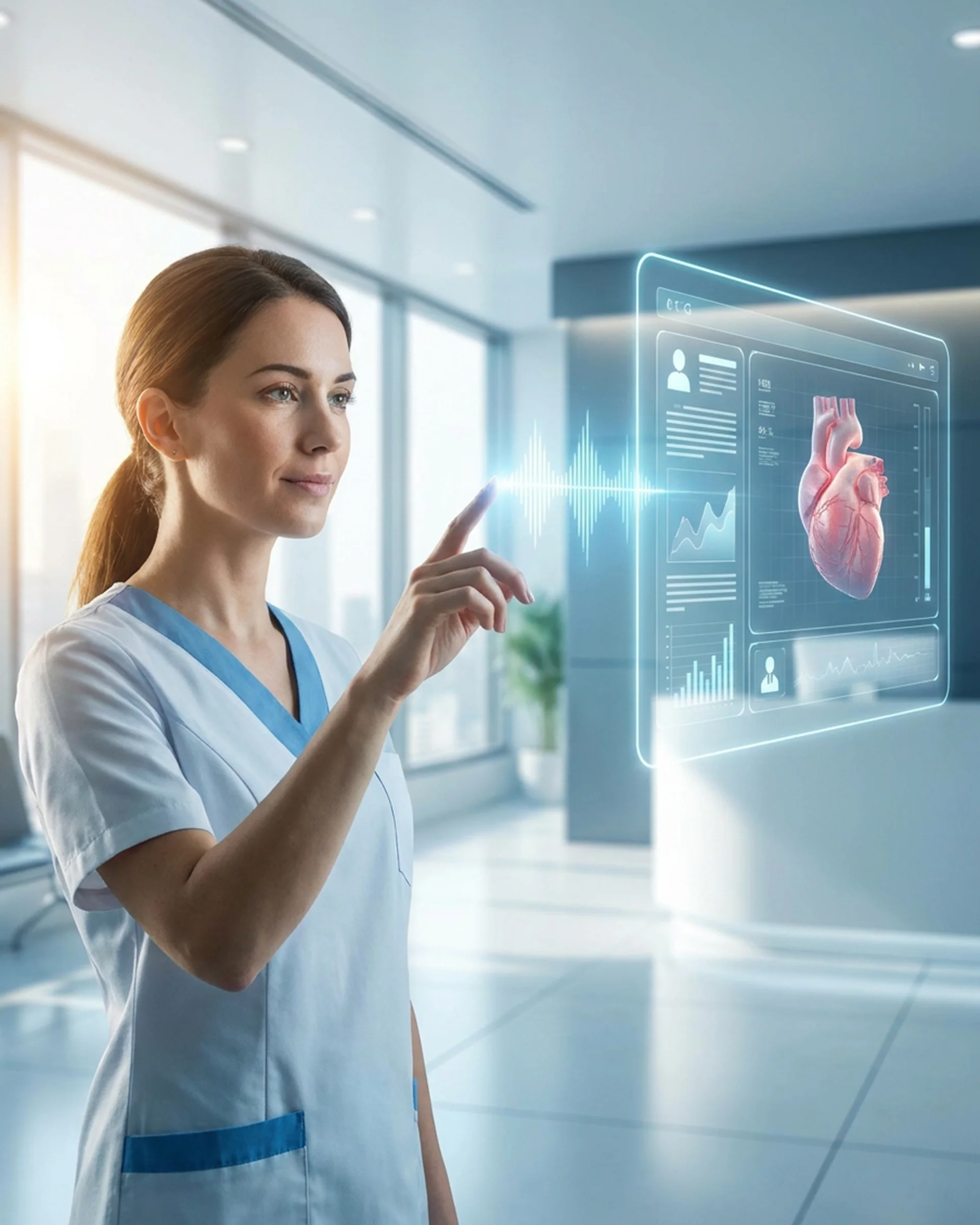 Woman in a hospital outfit points at a digital heart, representing the role of voice AI in enhancing healthcare efficiency