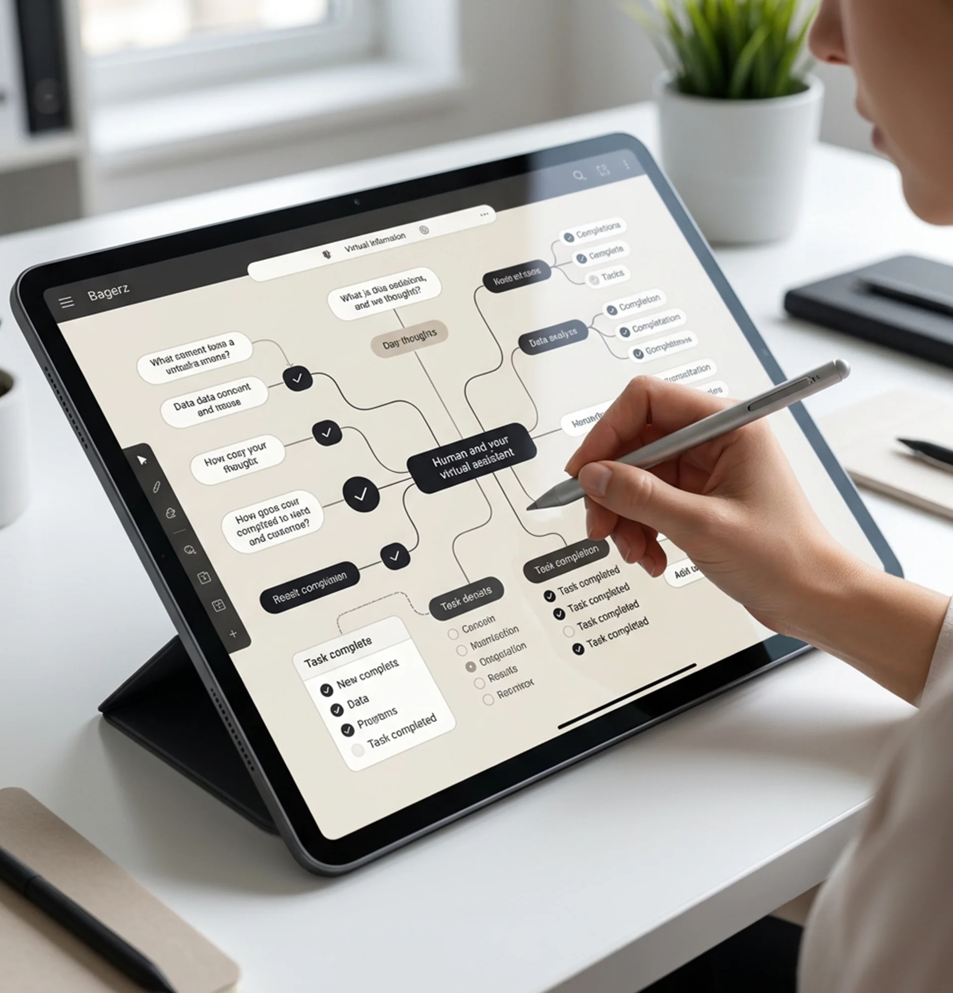 Woman at a desk with a tablet, sketching a mind map to explore the functionalities of an AI virtual assistant