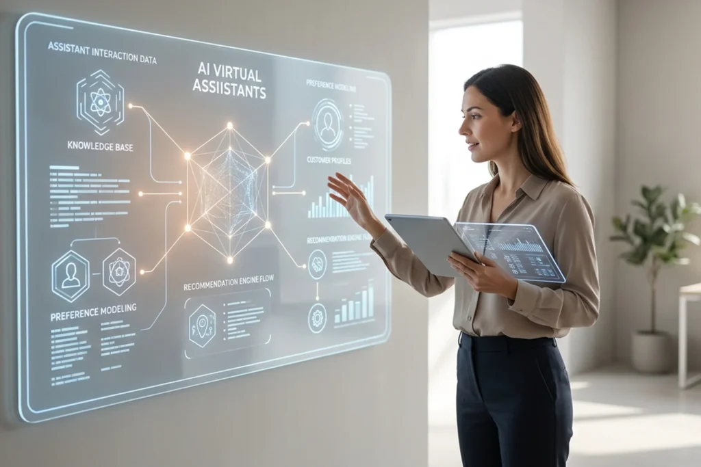 Woman presents information on a digital board, highlighting the role of AI virtual assistants in modern business