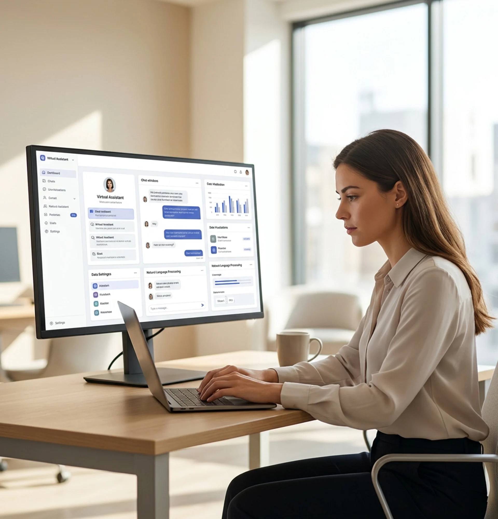 Woman seated at a desk with a laptop, representing the support of AI virtual assistants for sales teams